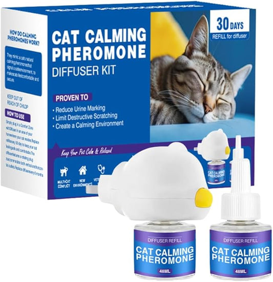 Cat Calming Diffuser Kit for Cat Anxiety Relief, 3-in-1 Cat Pheromone Diffuser Kit with 1 Diffuser +2 Refill 48ml Vial for 60-Day Use, Reduces Separation Anxiety, Aggression, and Stress-PawvioPets