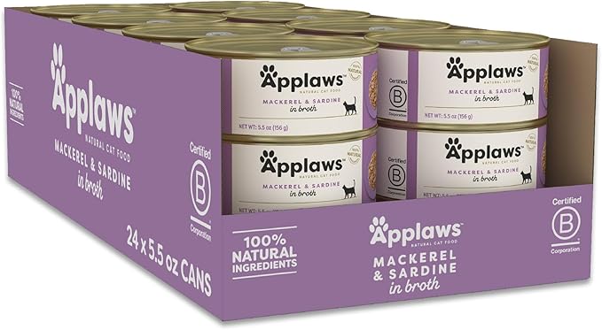 Applaws Natural Wet Cat Food in Broth, Limited Ingredient Canned Wet Cat Food, No Additives, Made with Natural Ingredients, Mackerel & Sardine in Broth (24 x 5.5oz Cans)-PawvioPets