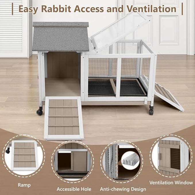 76''L Rabbit Hutch Outdoor Indoor with Wheels, Wooden 2 Story Bunny House Rabbit Cage with Run, Waterproof Roof, Pull Out Tray, Guinea Pig Cage Chicken Coop for Small to Medium Pets-PawvioPets