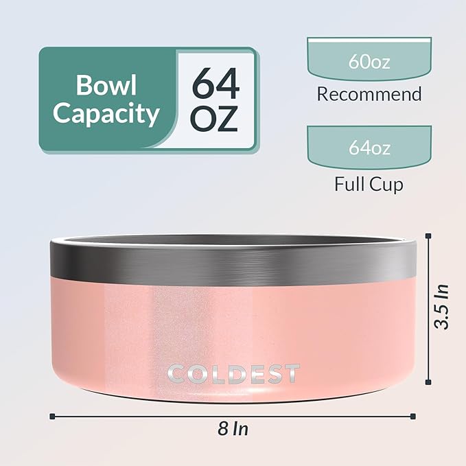 Coldest Dog Bowl - Anti Rust Metal, Non Slip, 3 Layers Insulated Stainless Steel Dog Bowls - Spill Proof & Heavy Duty - Water Bowl for Dogs, Cats & Pets, Dish Washer Safe (64 oz, Forever Pink Glitter)-PawvioPets