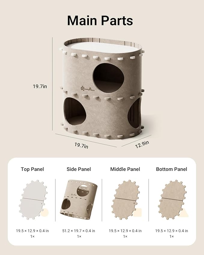 DownyPaws Cat House for Indoor Cats, 2-Storey Foldable Cat Bed Cave, Felt Cats Tunnel Bed Condo, Castle Kitten Cube Hideaway for Multicats, Scratch Resistant, Cream-PawvioPets