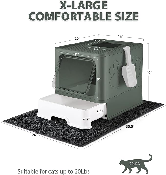Cat Litter Box with X-Large Litter Mat and Scoop, Large Foldable Litter Box with Lid, Enclosed Kitty Box,Front Top Entry Exit, Odor Control Easy to Clean (Upgrade Olive Green)-PawvioPets