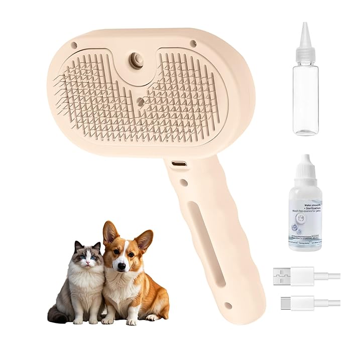 3-in-1 Pet Steam Brush, Grooming Comb with Water Tank for Cats and Dogs, Long and Short Hair (Pink)-PawvioPets