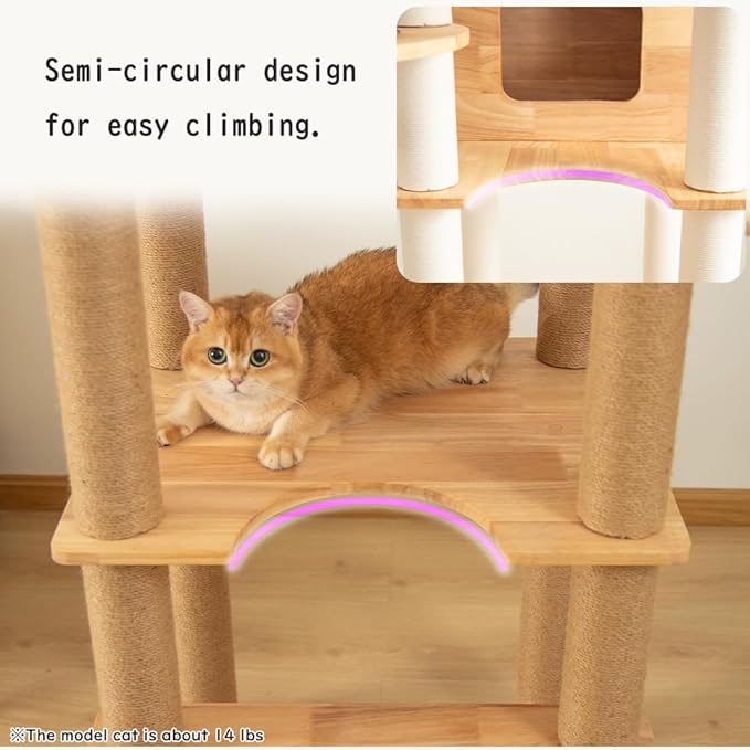 74.8" Wooden Cat Tree Tower for Large Cats, Multi-Level Cat Climbing Furniture with Scratching Posts, Cat Condo & Hammock, Natural Wood Cat Activity Center (White)-PawvioPets