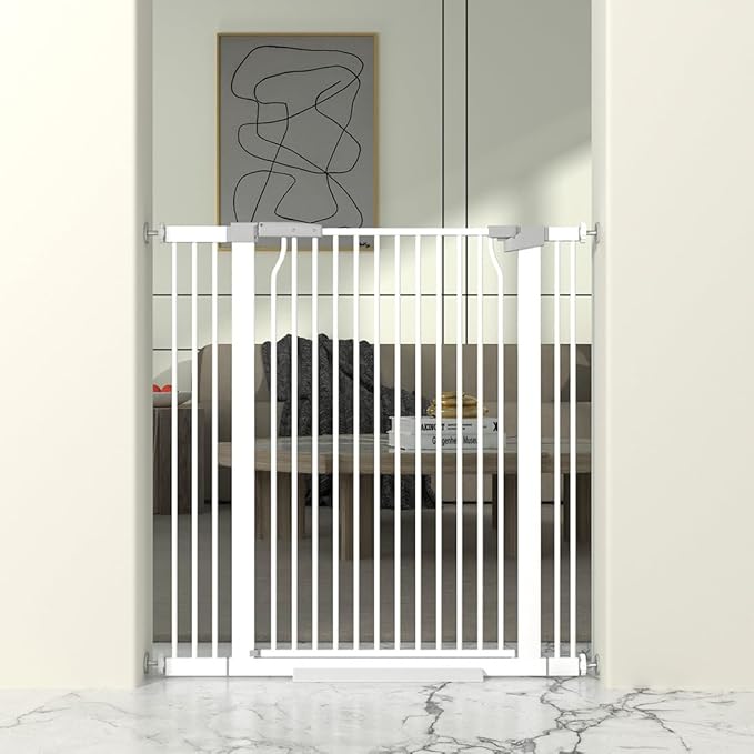 41" Extra Tall Baby Gate for Doorway, 32.6-40.5'' Metal Pet Baby Safe Gate, Extra Wide Pressure Mounted Child Door with Expansion Kit, No Drilling Cat Fence Indoor, No Climb Cat Proof Gate, White-PawvioPets