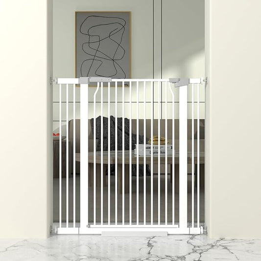41" Extra Tall Baby Gate for Doorway, 32.6-40.5'' Metal Pet Baby Safe Gate, Extra Wide Pressure Mounted Child Door with Expansion Kit, No Drilling Cat Fence Indoor, No Climb Cat Proof Gate, White-PawvioPets