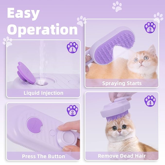 4-in-1 Rechargeable Anti-Dandruff Pet Steam Brush — brush for sheddingCats & Dogs,pet hair removal tool. Integrating functions of massage,clean, hair grooming and anti-static (purple)-PawvioPets