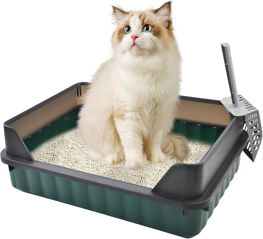 Cat Litter Boxes Large,Kitty Litter Box Low Entry High Sides,Semi Enclosed Front Entry Cat Pan Anti-Splashing Detachable Kitten Toilet with Scoop (Green)-PawvioPets