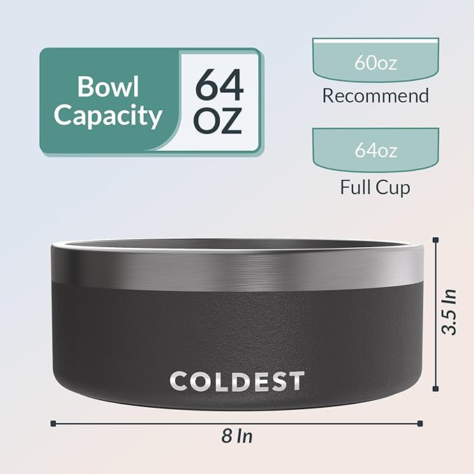 Coldest Dog Bowl - Anti Rust Metal, Non Slip, 3 Layers Insulated Stainless Steel Dog Bowls - Spill Proof & Heavy Duty - Water Bowl for Dogs, Cats & Pets, Dish Washer Safe (64 oz, Stealth Black)-PawvioPets