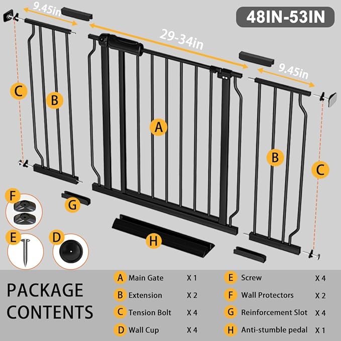 Fairy Baby Extra Wide Baby Gate 48-53 Inch Wide, Walk Through Pressure Mounted No Drill, Long and Large Tension Gate for Pet and Kids, Black-PawvioPets