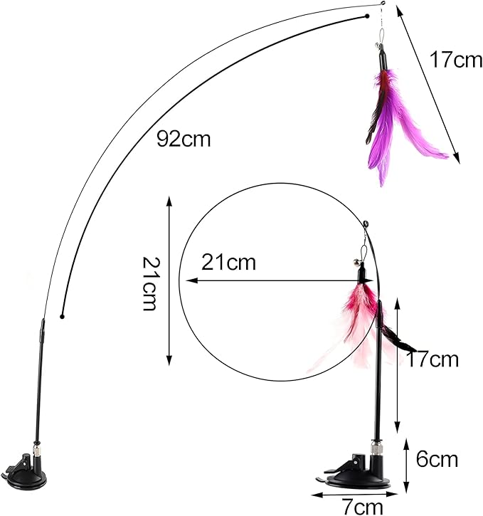 Cat Feather Toys Interactive Cats - Dorakitten Cat Powerful Suction Cup Handheld Teaser Wand Toy and 5PCS Replacement Feather with Bell for Kitty Kitten Scratching Exercise Indoor-PawvioPets