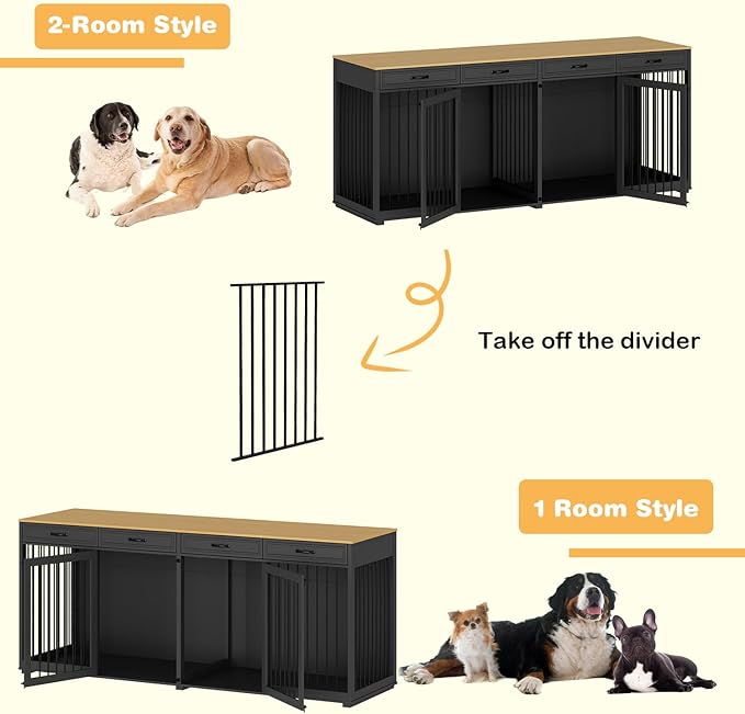 Extra Large Dog Crate with Double Rooms, 93" Heavy Duty Wooden Dog Cage Furniture Dog Crate Kennel w/Drawers & Removable Divider,Indoor Luxury Dog House for Large Dogs,Black-PawvioPets
