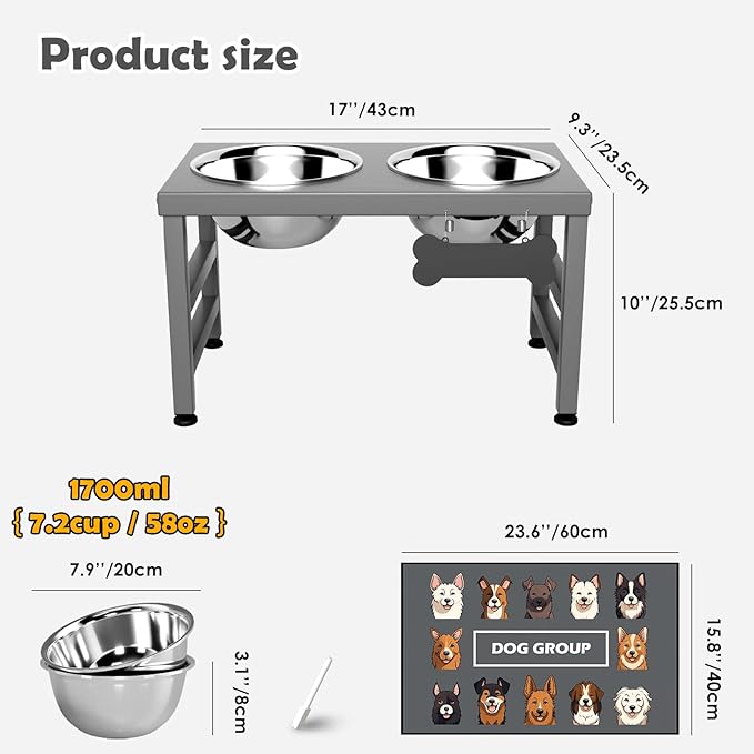 Elevated Dog Bowls, 10" Tall Height, Raised Bowl Stand with 2 Stainless Steel Food Feeder Bowls (58oz) and Spill-Proof Mat for Medium Large and Small Breeds, Grey-PawvioPets