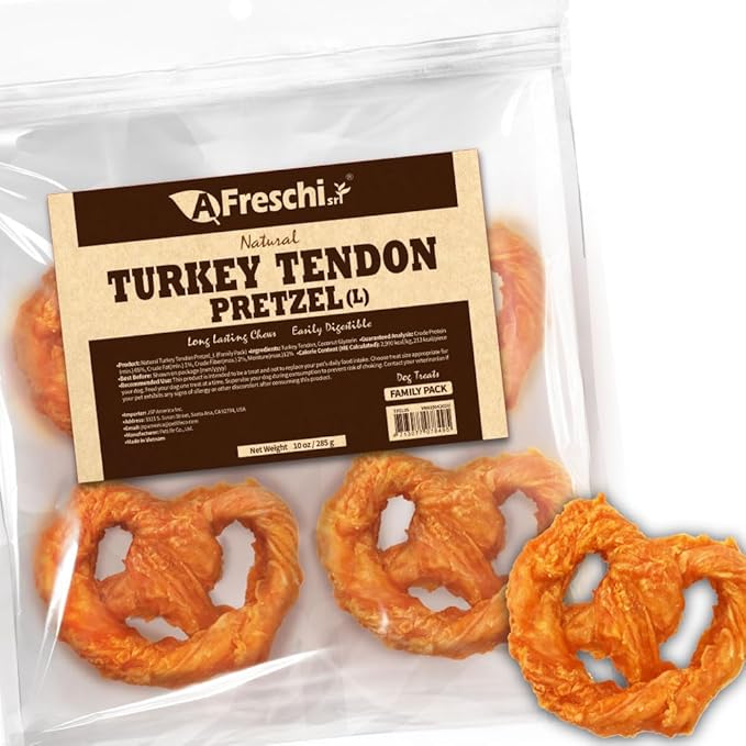 Afreschi Natural Turkey Tendon Pretzel (L) 10 oz, USA-Sourced Turkey Tendon, All Natural Puppy Chew, Hypoallergenic, Rawhide Alternative, for Large Breeds-PawvioPets