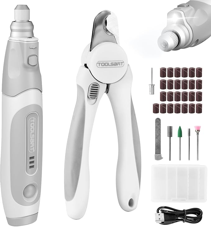Dog Nail Grinder and Clippers - Upgraded 3-Speed Electric Rechargeable Pet Nail Trimmer with LED Light Super Quiet Paws Grooming Kit Painless Grinding Tool for Large Medium Small Dogs & Cats-PawvioPets