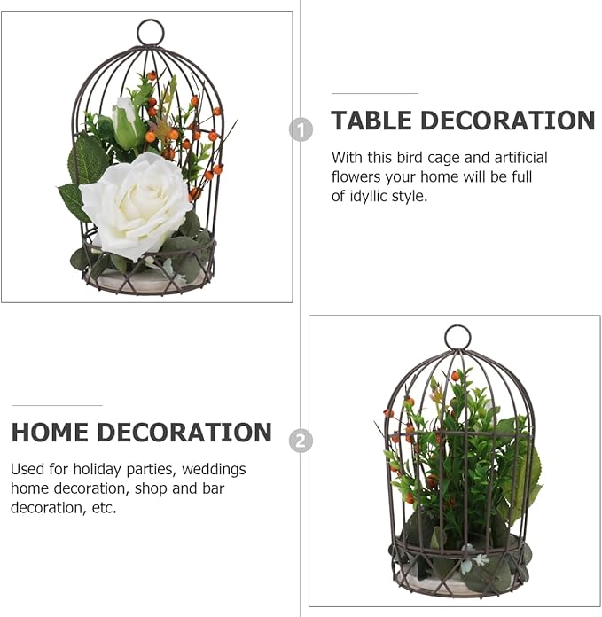 BESTOYARD Hanging Bird Cage Decor with White Simulation Rose Flowers for Home Wedding Table and Garden Ornament-PawvioPets