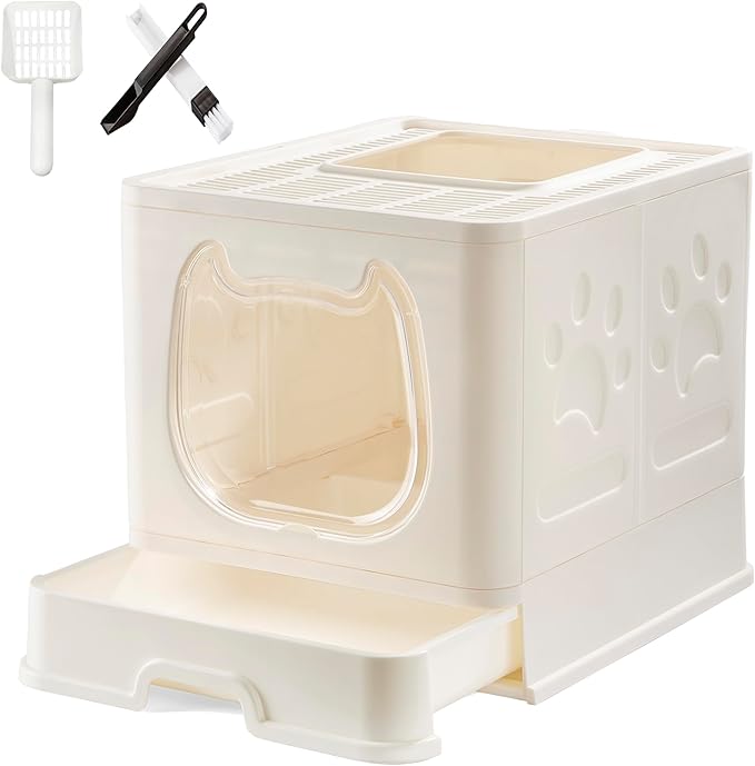 Gefryco Foldable Cat Litter Box with Lid,Covered Litter Box for Small and Medium Cats, Enclosed Cat Potty with Scoop and Brush, Top Entry Cute Kitten Litter Tray with Drawer and Top Cover(White)-PawvioPets