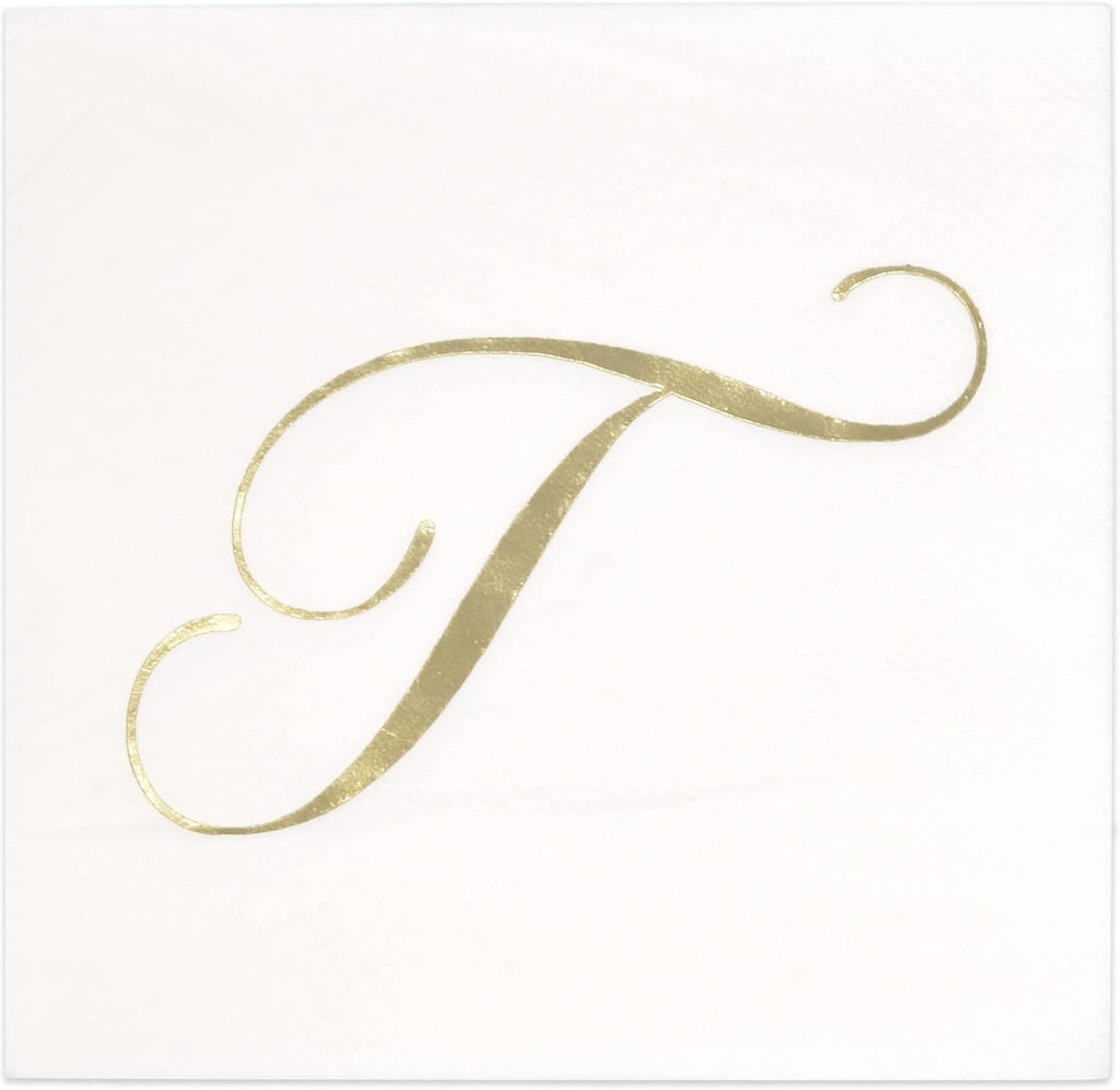 Gift Boutique 100 Gold Monogram Cocktail Napkins Letter T Disposable Paper Pack Elegant Metallic Golden Foil Hand Napkin for Powder Room Wedding Holiday Birthday Party Baby Shower Decorative Towels