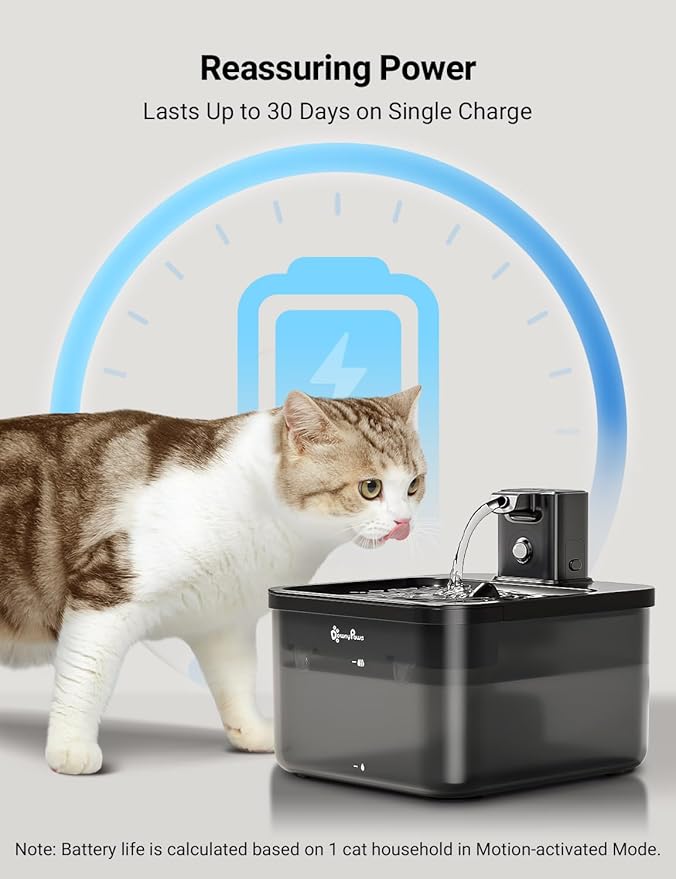 DownyPaws Battery Operated Cat Water Fountain, 84oz/2.5L Fursink Wireless Cat Waterer Fountain with Motion Sensor, BPA-Free, Black with 6 Filters-PawvioPets