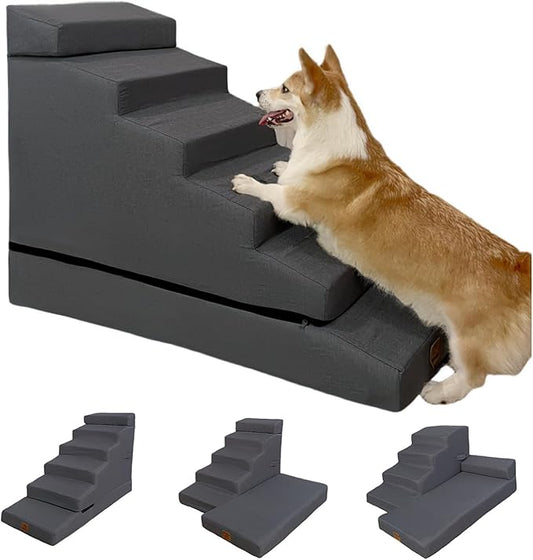 Dog Stair ramp for 30 inch high beds. 6-Step Dog Stair Ramp for 20 to 36 Inch Sofa Beds. Pet Steps for Small, Medium and Large Dogs. Non-Slip, Balanced and Portable. Multifunctional 6 Steps, Gray.-PawvioPets