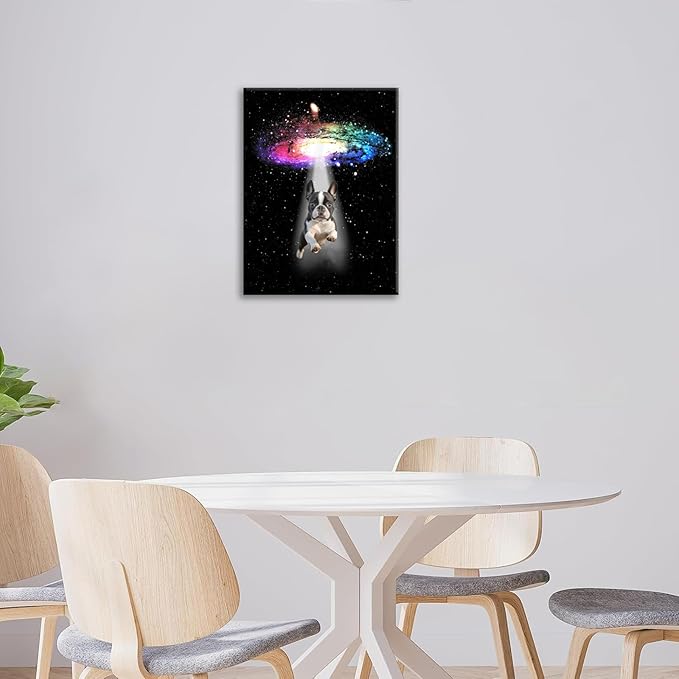 Funny Dog Wall Art Canvas Boston Terrier Wall Decor Prints Framed Painting Bulldog Galaxy Pictures Gifts Artwork for Bathroom 12"x16"-PawvioPets