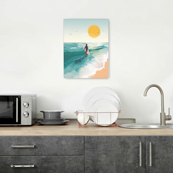 Beach Surfing Wall Art Ocean Coastal Wave Canvas Wall Decor Summer Nature Seascape Pictures Painting Print Framed Artwork Decorations for Bathroom Living Room Office Bedroom 12"x16"-PawvioPets