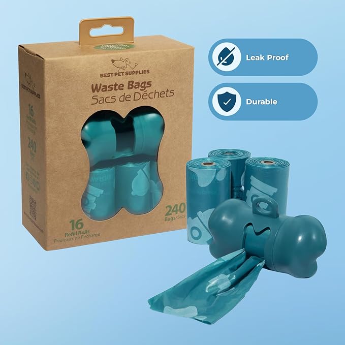 Best Pet Supplies Dog Poop Bags (240 Bags) for Waste Refuse Cleanup, Doggy Roll Replacements for Outdoor Puppy Walking and Travel, Leak Proof and Tear Resistant, Thick Plastic - Turquoise-PawvioPets