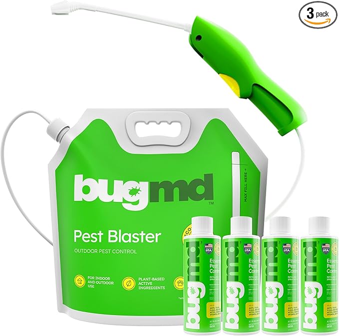 BugMD Blaster Kit - 4 Pack Pest Control Essential Oil Concentrates 3.7 oz and 1 Pest Blaster - Plant-Powered Bug Spray for Home, Insect Killer, Ant Killer for House, Roach, Flea Spray for Home-PawvioPets