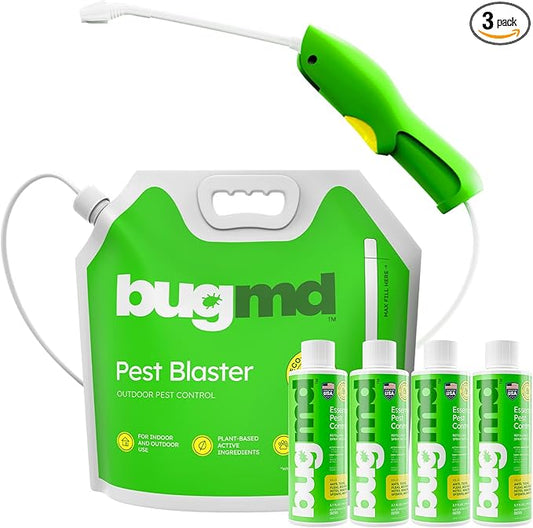 BugMD Blaster Kit - 4 Pack Pest Control Essential Oil Concentrates 3.7 oz and 1 Pest Blaster - Plant-Powered Bug Spray for Home, Insect Killer, Ant Killer for House, Roach, Flea Spray for Home-PawvioPets