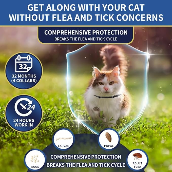 4 Pack Flea Collar for Cats, 32 Months Flea and Tick Prevention for Cats, Waterproof Cat Flea Collar, Natural Cat Flea and Tick Treatment, Adjustable Flea and Tick Collar for Cats Kittens(4 Colors)-PawvioPets