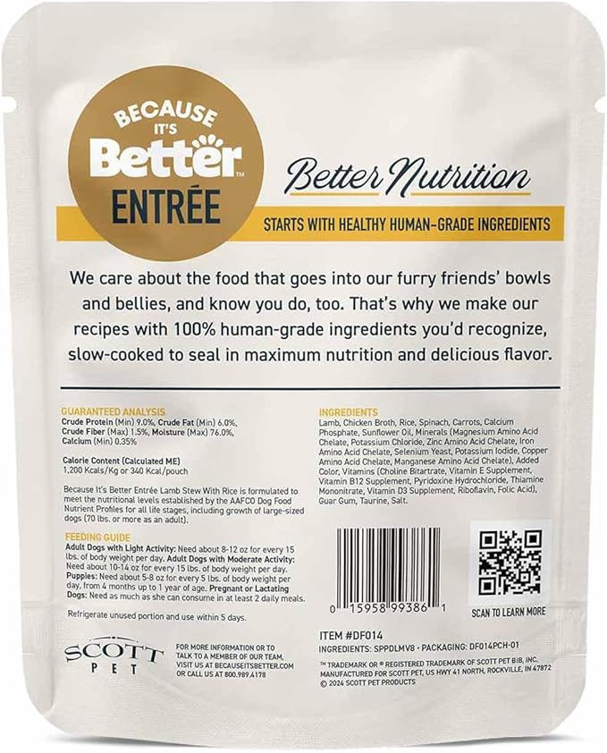 Because it's Better Entrée Complete Meal, Lamb Stew with Rice, Human Grade Wet Dog Food, 10 oz Pouches, 6 Count-PawvioPets
