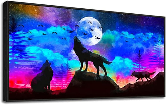 Framed Canvas Wolf Landscape Painting Canvas Wall Art For Living Room Bathroom Wall Decor For Bedroom Kitchen Artwork Canvas Art Prints Modern Office Home Decorations Blue Starry Sky Hang Pictures-PawvioPets