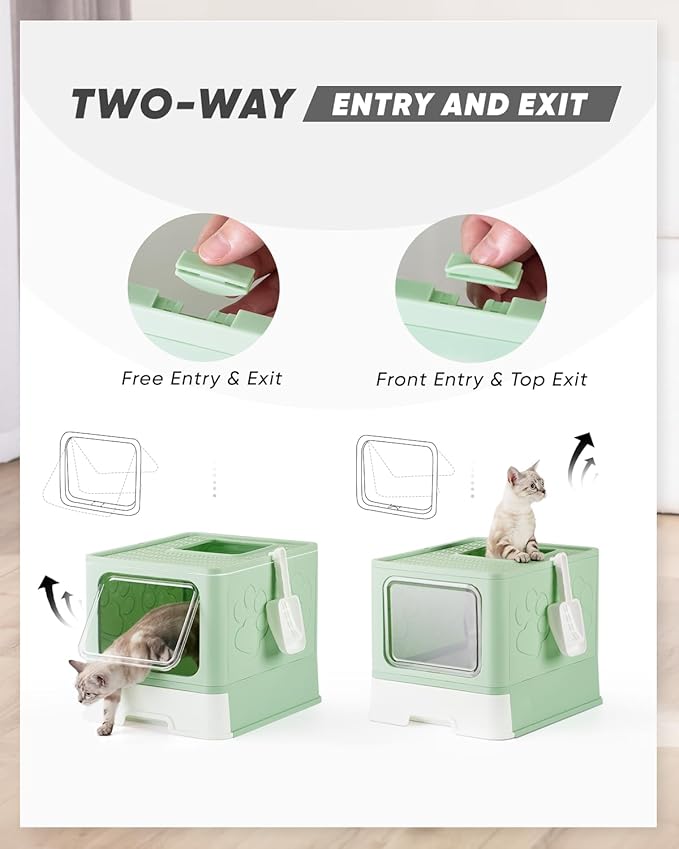 Enclosed Cat Litter Box, Large Litter Box for Big Cats, Covered Kitty Litter Boxes with Lid, Top Entry Cat Box Enclosure with Scoop, Odor Control, Easy to Clean(Green)-PawvioPets