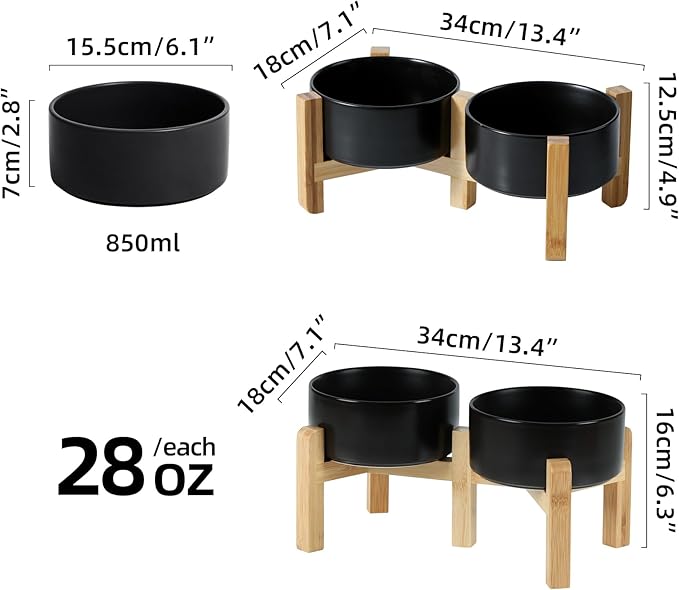 Ceramic Raised Double Bowls Set with Stand, 2 Heights Elevated, Food & Water Bowls for Small Breed Dogs, Weighted Dog Dishes, Pet Bowl(6.1'',28.7oz, Black)-PawvioPets