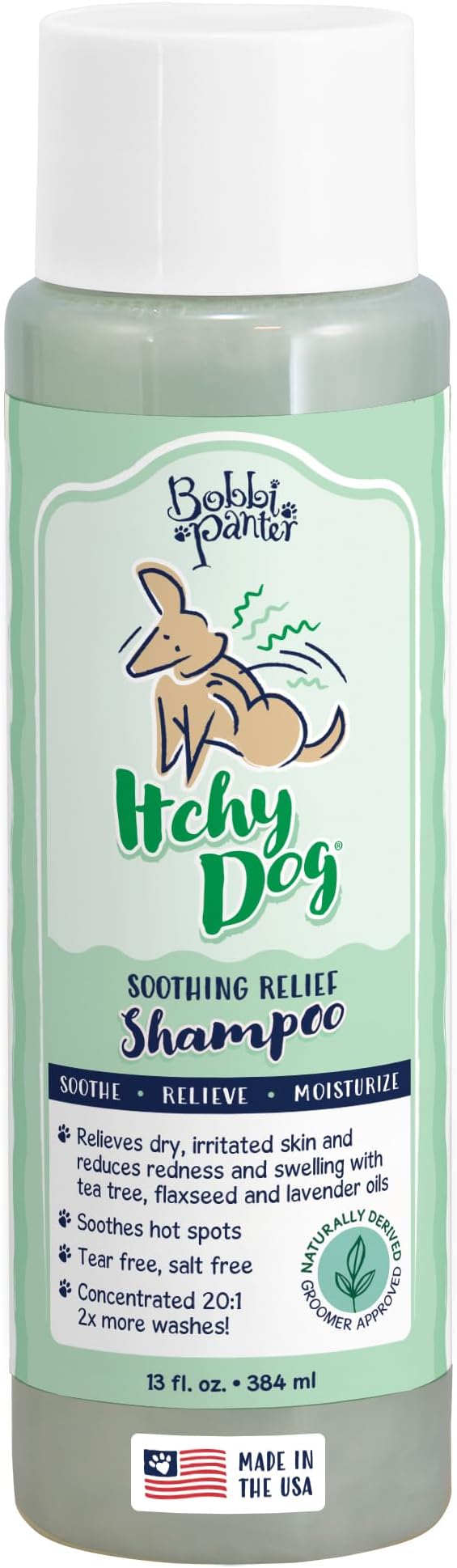 Bobbi Panter Dog Shampoo - Made in USA - All Natural Formula for Itch Relief & Soothing Skins, Concentrated 16:1 for Professional Groomers - Green Apple Scent, 13 Oz-PawvioPets