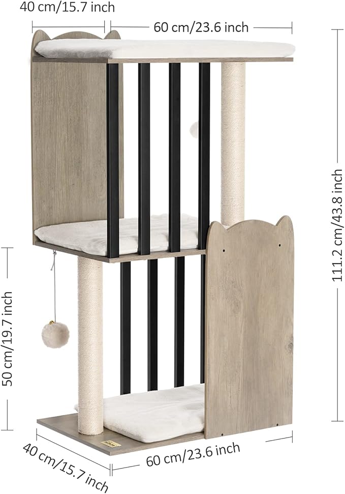 FourFurPets 43.8in 3-Tier Modern Cat Tree Tower Condo, Cat Scratch Posts for Indoor Cats, Big Plate, Two 19.7in Full Sisal Scratching Posts, Greige-PawvioPets