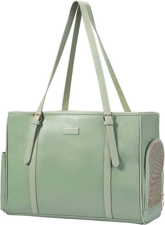 Fashion Dog Purse Pet Carrier Leather Bag for Small Dogs Cats Puppy, Portable Tote Bag Airline Approved Soft-Sided Carriers (Green)-PawvioPets