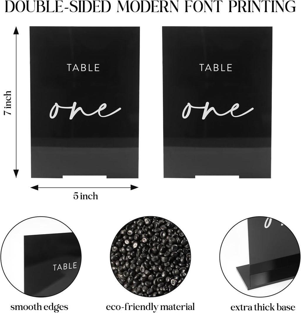 UNIQOOO Black Wedding Double Sided Table Numbers with Stands 1-15 set, 5x7'' Acrylic Signs with Holders and Printed Calligraphy, Seat Display Wedding Decor Perfect for Centerpiece, Reception