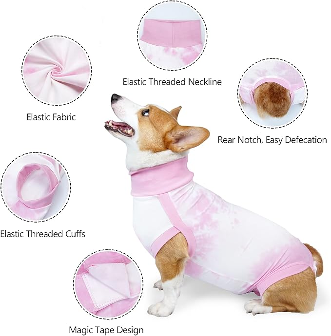 Breathable Dog Recovery Suit for Medium Large Dogs Onesie Tie Dye Pjs for Abdominal Wounds, Shedding, Prevent Licking S Pink2-PawvioPets