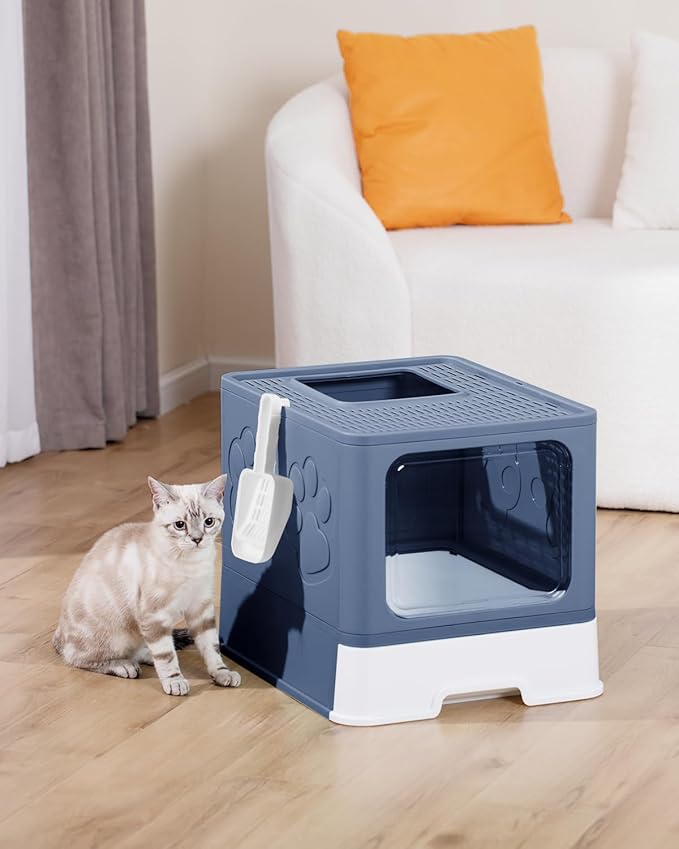 Enclosed Cat Litter Box, Large Litter Box for Big Cats, Covered Kitty Litter Boxes with Lid, Top Entry Cat Box Enclosure with Scoop, Odor Control, Easy to Clean(Blue)-PawvioPets