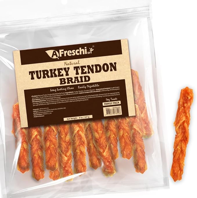 Afreschi Turkey Tendon Dog Treats, 8 oz Braid (for Medium Breeds), USA-Sourced Turkey Tendon, All Natural Puppy Chew, Hypoallergenic, Rawhide Alternative-PawvioPets