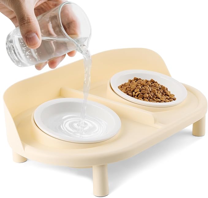 Elevated Cat Bowls, Tilted Rised Cat Food and Water Bowl with 2 Pcs Ceramic Pet Bowls, Rised Stand, Pet Dish Anti Vomiting Feeding Station for All Sized Cats & Small Dogs (Milk Coffee)-PawvioPets