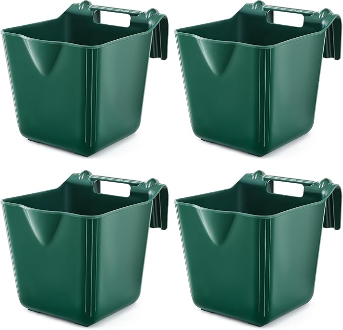 4 Pack 15 Quart Horse Feeders for Stall Hook Over Hanging Fence Hay Feeder Mountable Livestock Plastic Feed Bucket for Farm Stalls Pasture, Stable to Feed Horses Sheep Cattle Cows Etc(Green)-PawvioPets