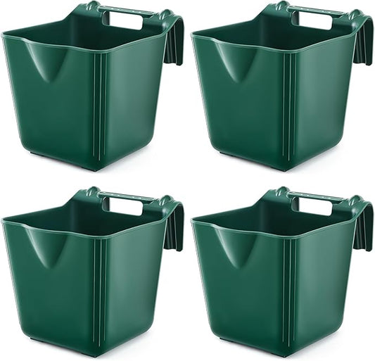 4 Pack 15 Quart Horse Feeders for Stall Hook Over Hanging Fence Hay Feeder Mountable Livestock Plastic Feed Bucket for Farm Stalls Pasture, Stable to Feed Horses Sheep Cattle Cows Etc(Green)-PawvioPets