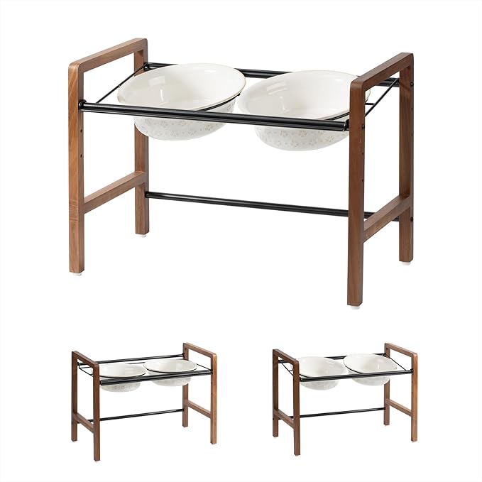 7.1inch Ceramic Adjustable Raised Double Bowls Set with Stand, 3 Heights Elevated, 2 Placement Options,Food and Water Bowls for Medium and Large Dog(Reactived Glaze -White)-PawvioPets