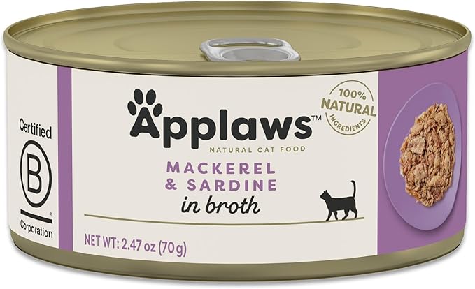 Applaws Natural Wet Cat Food in Broth, Limited Ingredient Canned Wet Cat Food, No Additives, Made with Natural Ingredients, Mackerel & Sardine in Broth (24 x 2.47oz Cans)-PawvioPets