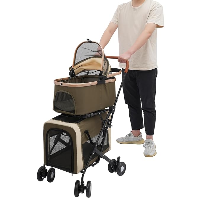 2-Layers Pet Stroller for 2 Cats/Dogs,Foldable Lightweight 77lbs Capacity Carrier, 4 Wheels, Removable Basket & Storage Pocket,for Small Pets (Green)-PawvioPets