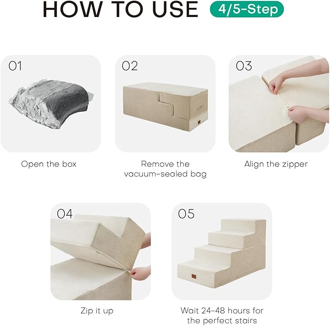 Dog Stairs for High Bed, Dog Steps for Bed Couch Sofa, 35D Foam Extra Wide Pet Steps for Small Dogs and Cats, Pet Stairs with Non-Slip Bottom Beige, 5 Steps-PawvioPets