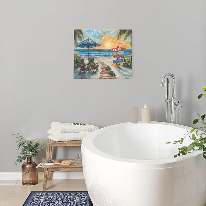 Beach Ocean Bathroom Pictures Wall Art, Seaside Coastal Bathroom Wall Decor, Sunrise Framed Painting Canvas Artwork for Bedroom Living Room Decorations 24"L x 20"W-PawvioPets