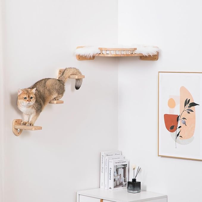 3pcs Cat Wall Steps, Climbing Mounted Furniture, Shelves With Hemp Rope Covered, Solid Wood Ladder for Playing and Climbing (Standard-Wood)-PawvioPets